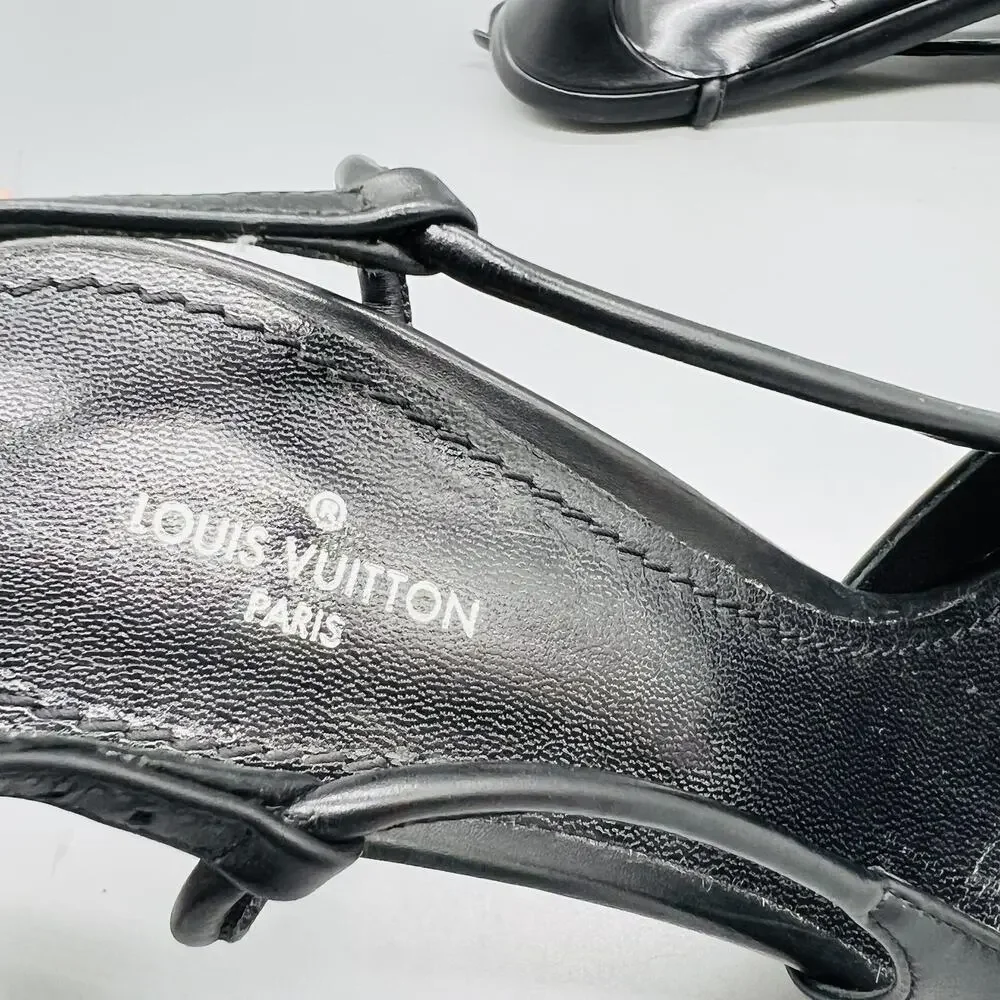 Louis Vuitton Shoes Womens 6.5 Black Leather Cap Toe Slingback Stiletto Heels - Picture 10 of 12